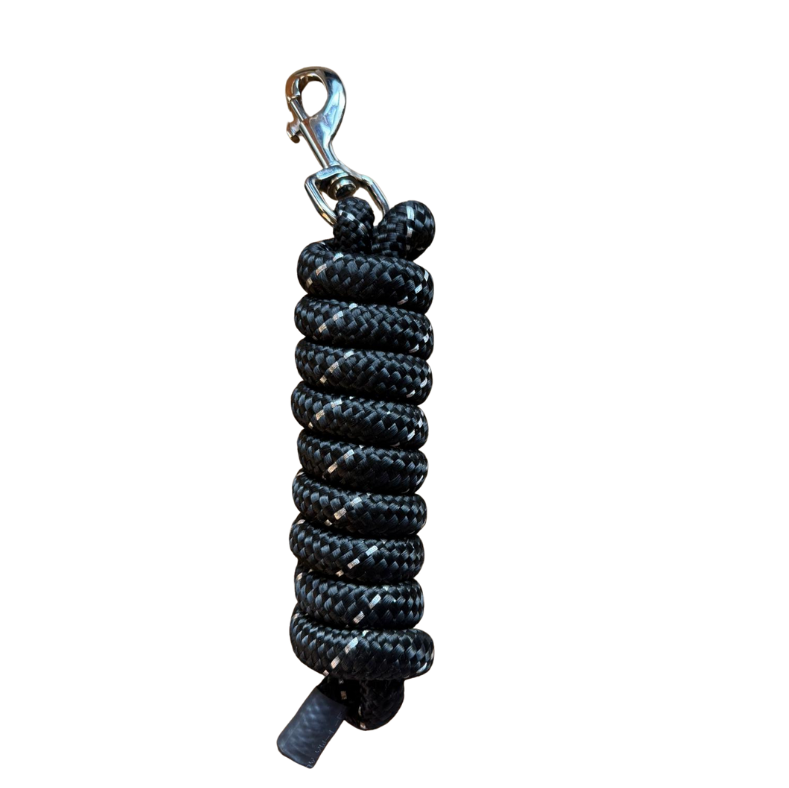 Black rope with a metal clip on a white background