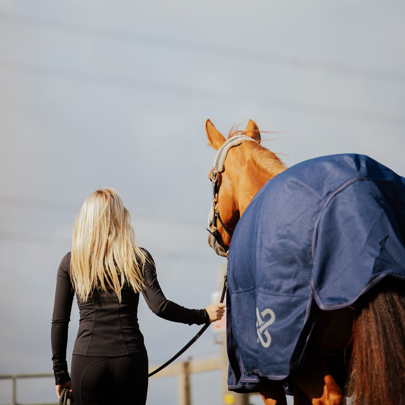 Woman walking a horse with a blue rug on its back against a clear sky.