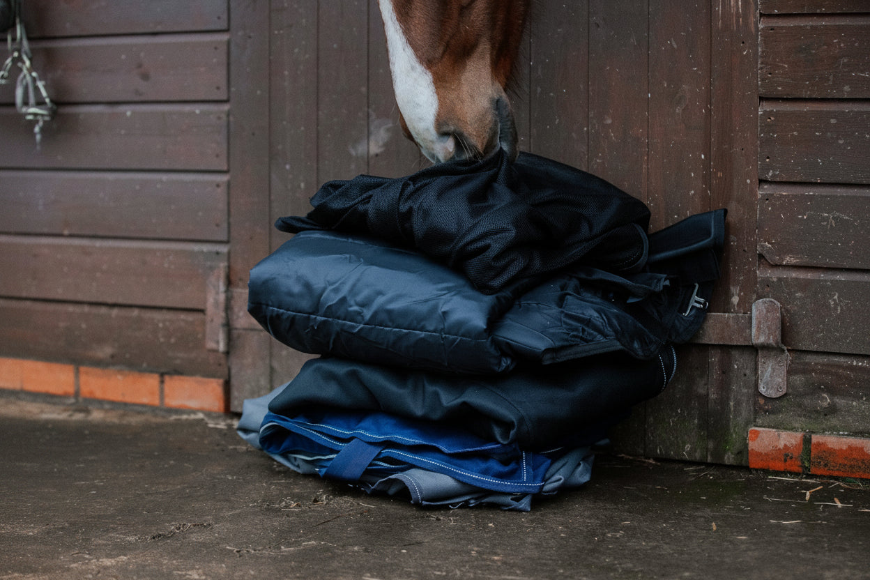 Horse interacting with a pile of folded blankets against a wooden stable door.